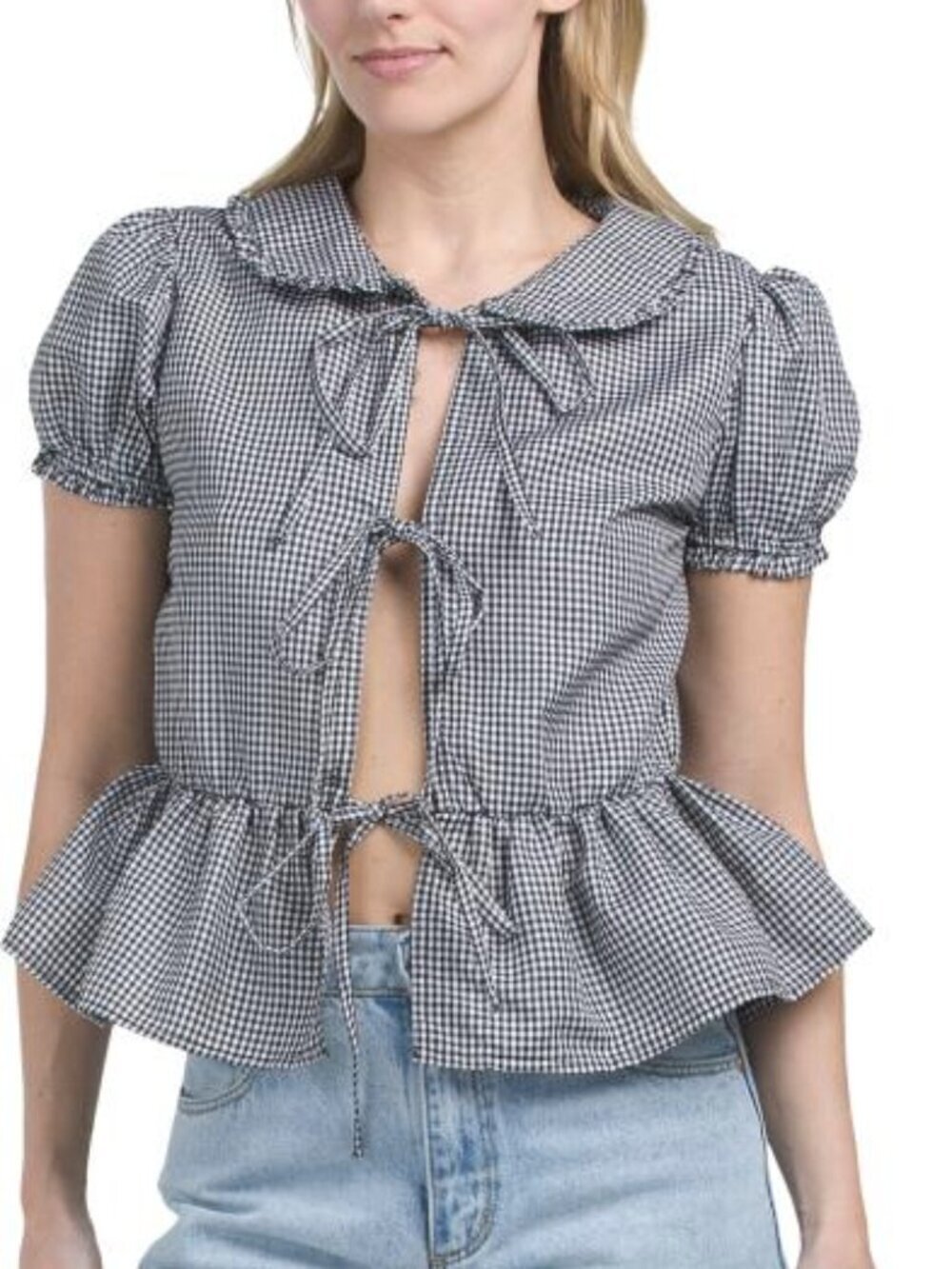 Gingham Tie-Front Peplum Blouse - Black and White